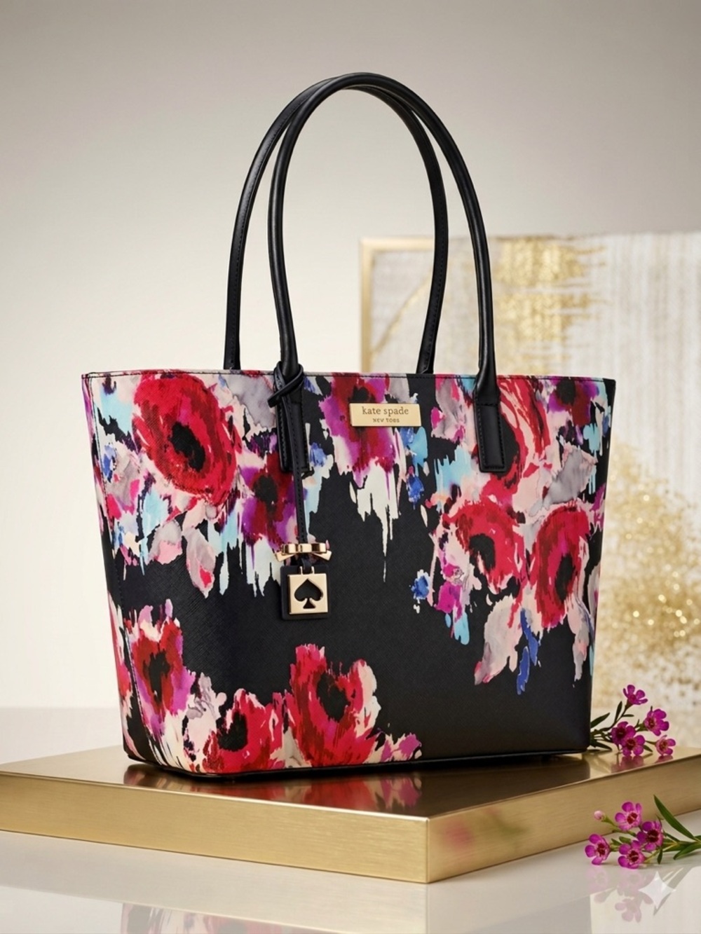 kate spade  large dark blue tote with pink and red floral print and gold charm